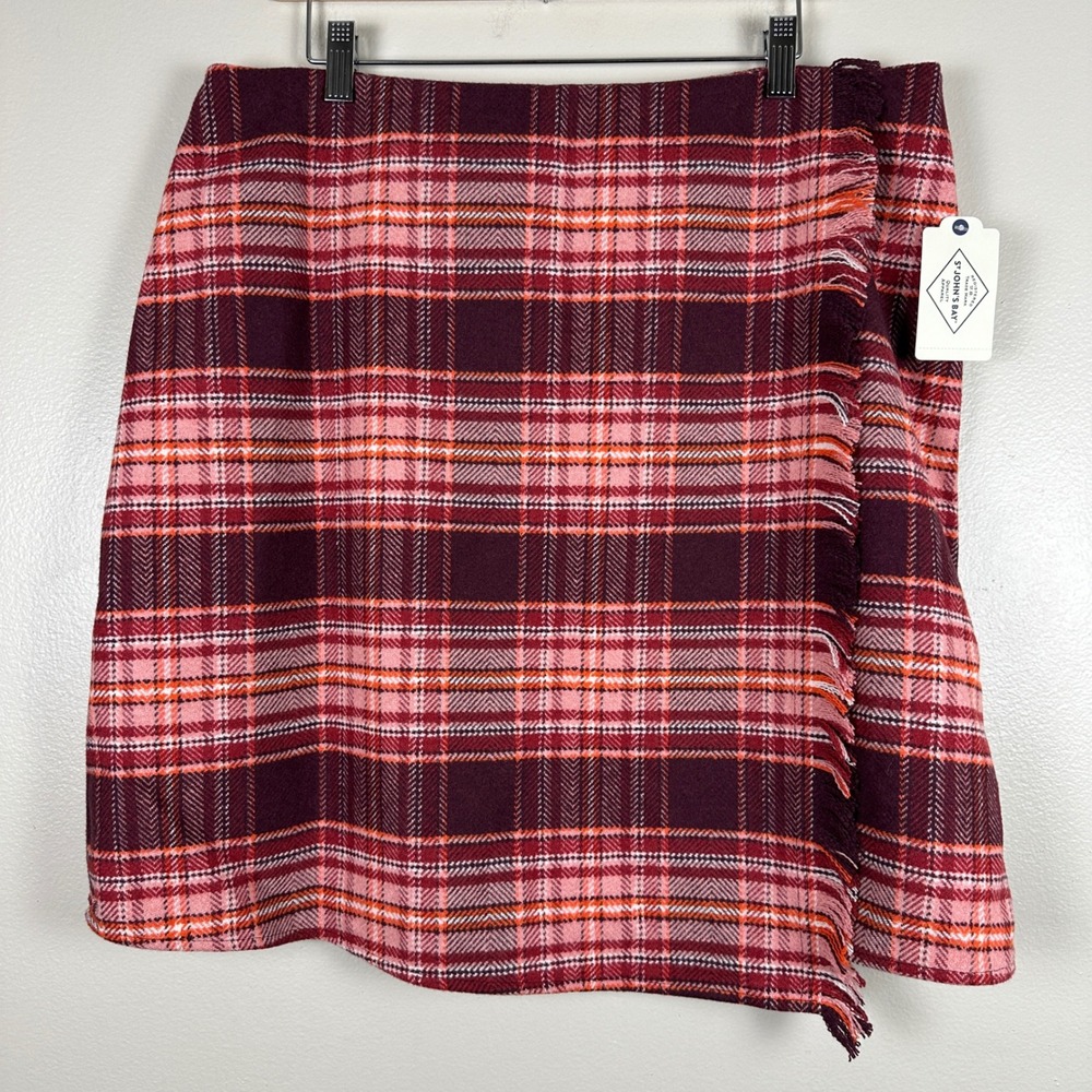 St.‎ John's Bay Women's 16 Skirt Red Plaid Fringe Trim Wool Blend NEW